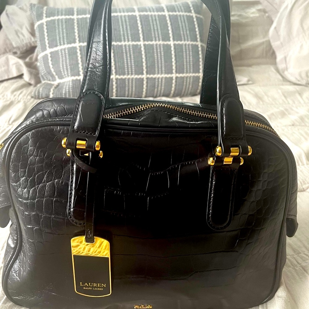 Lauren Ralph Lauren Black and Gold Satchel with Structured Silhouette
